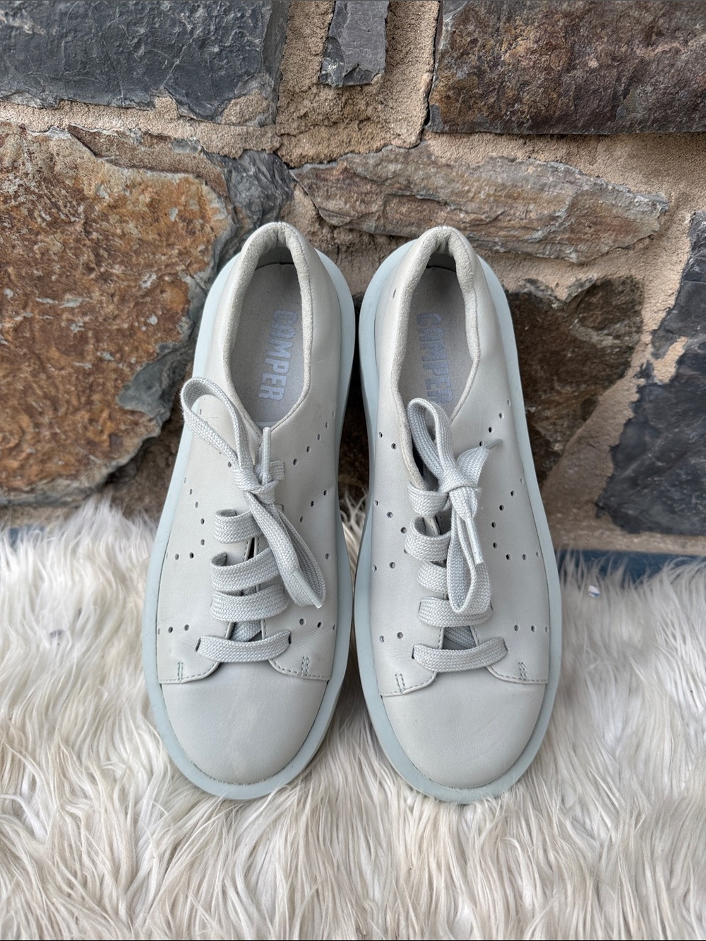 Camper 'Courb' Women's Perforated Leather Lace-Up Sneakers in Light Blue Size 39